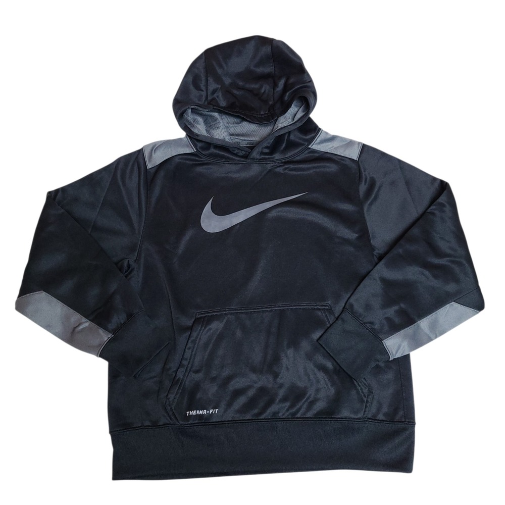 Nike Therma Fit Mesh Hoodie Black Gray Youth Large Pullover Athletic Shiny